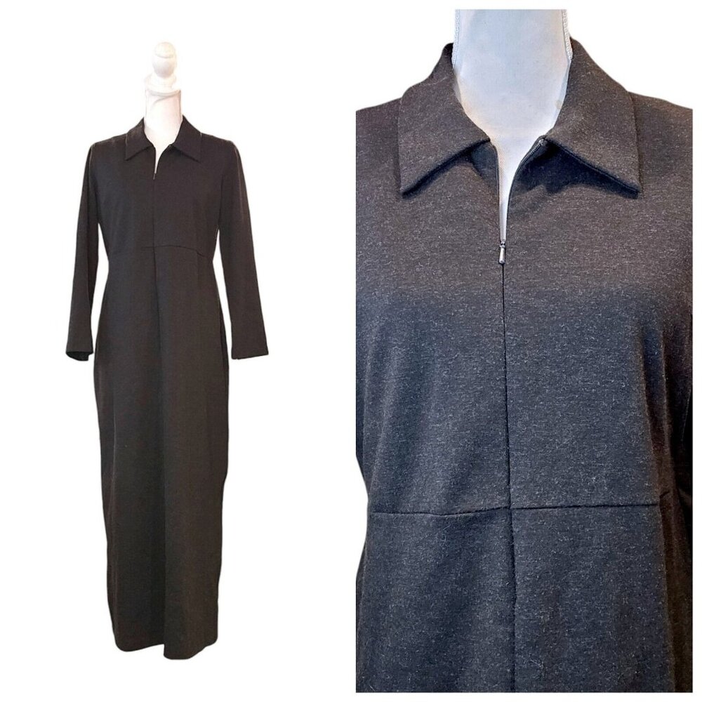 Retro Y2K Womens Small Maxi Dress Long Sleeve Dark Gray Ponte Knit Minimalist